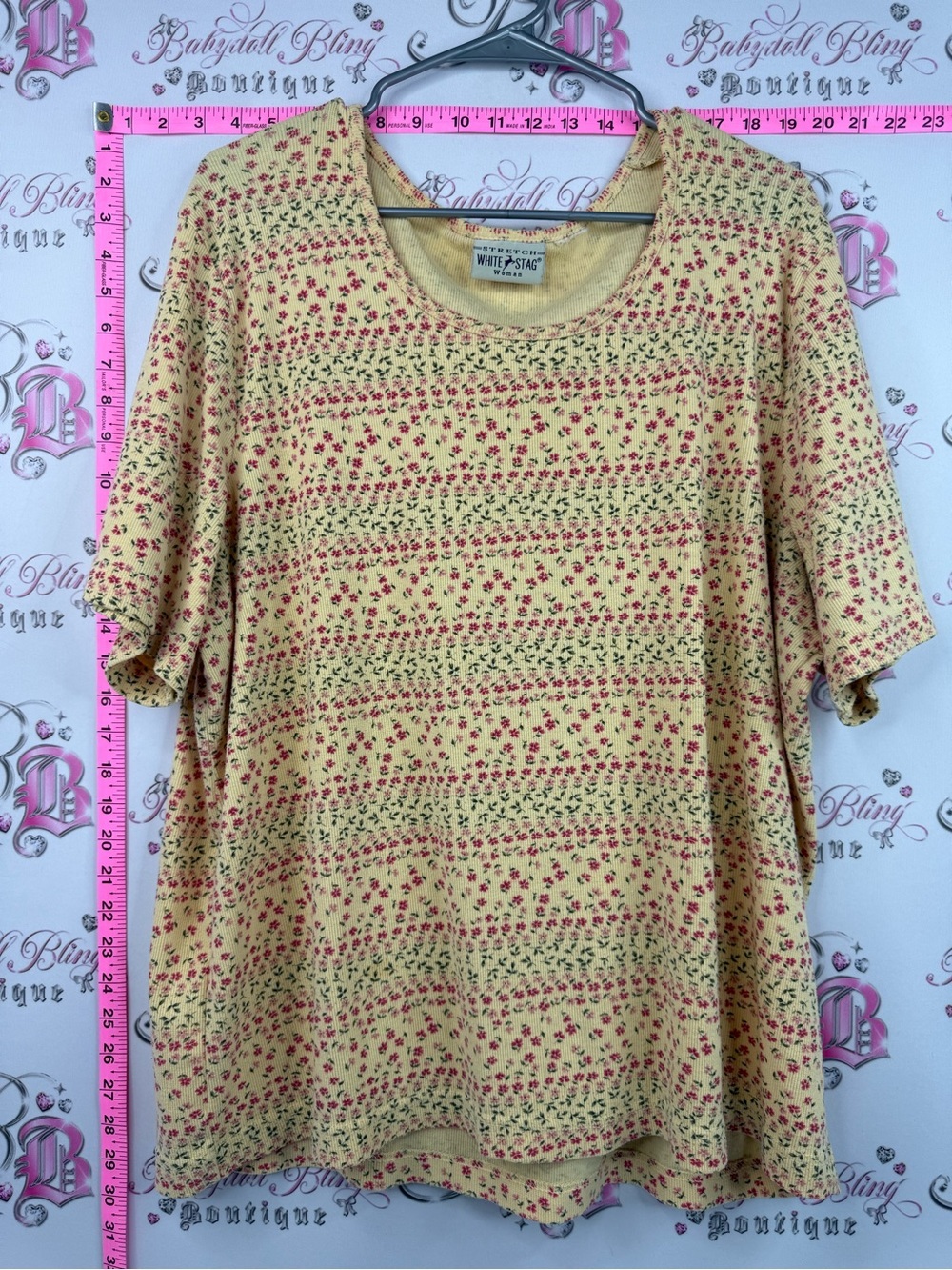 White Stag tee Yellow Floral Short Sleeve Tee with Red pink and Green Print